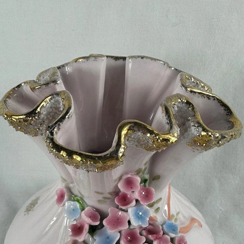 Vtg Lefton Pink Pouch Purse Vase Applied Flowers Forget-Me-Nots Gold Trim Mint